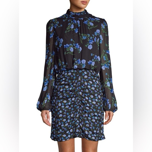 New Shoshanna Kiana Floral Dress Ruched Skirt Mock Neck Long Sleeve Mini 12 Blue - Picture 3 of 16